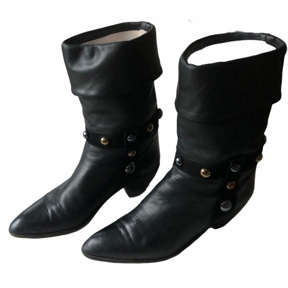 Miss Maud Paris Leather Boots Black Studded 39 VTG
